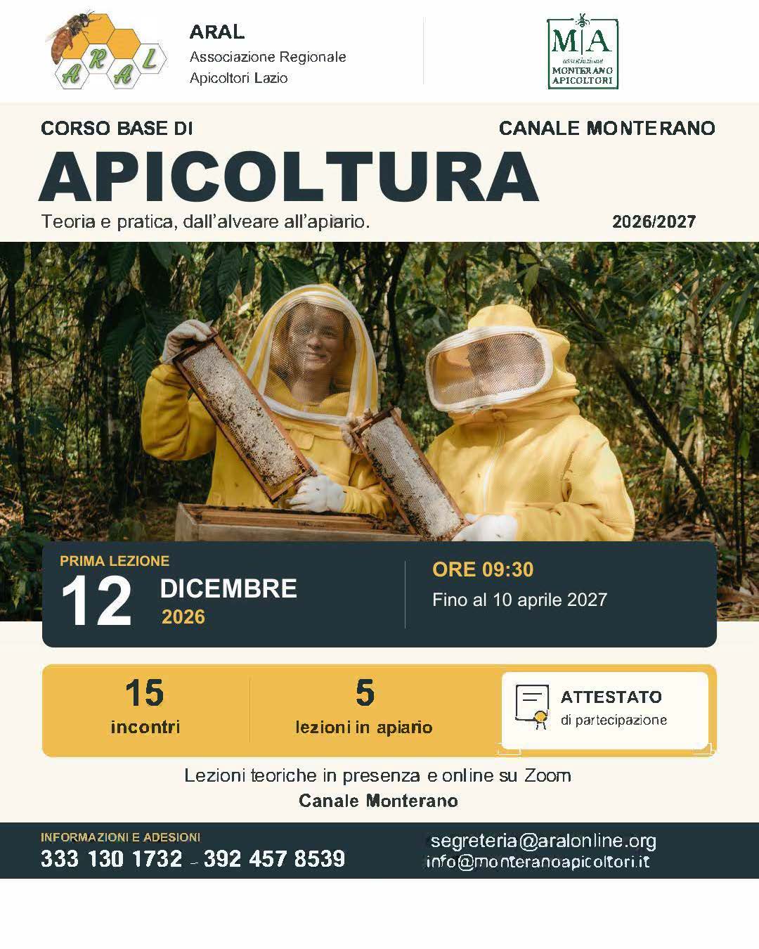 Locandina Corso Base di Apicoltura 2026/2027 Canale Monterano - ARAL e Monterano Apicoltori