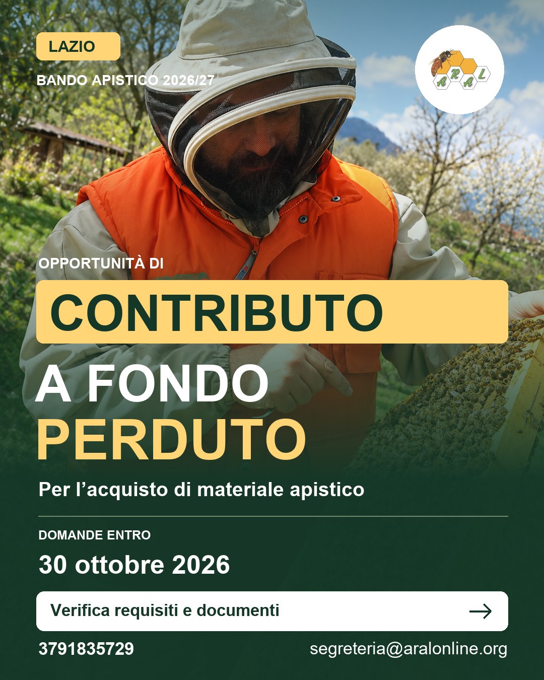 Bando apistico Lazio 2026/27: contributo a fondo perduto per materiale apistico, domande entro il 30 ottobre 2026