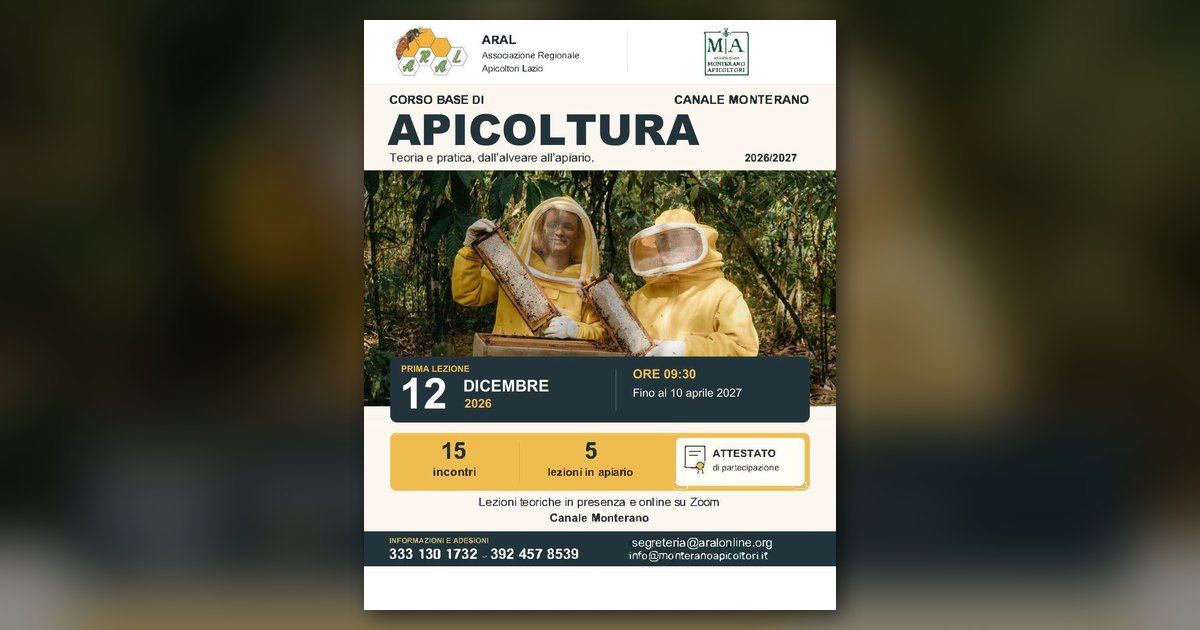 Corso Base di Apicoltura 2026/2027 a Canale Monterano: si parte il 12 dicembre