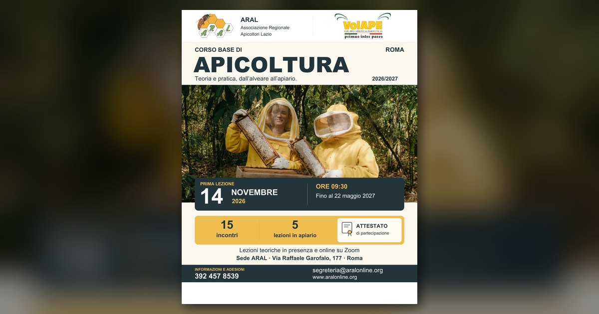Corso Base di Apicoltura 2026/2027 a Roma: si parte il 14 novembre